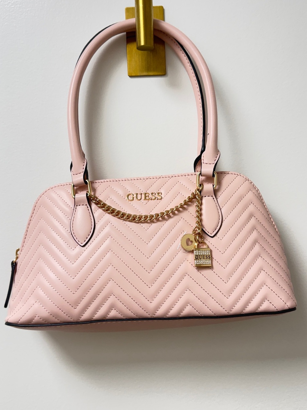 GUESS Blush Pink Quilted Satchel with Gold Chain